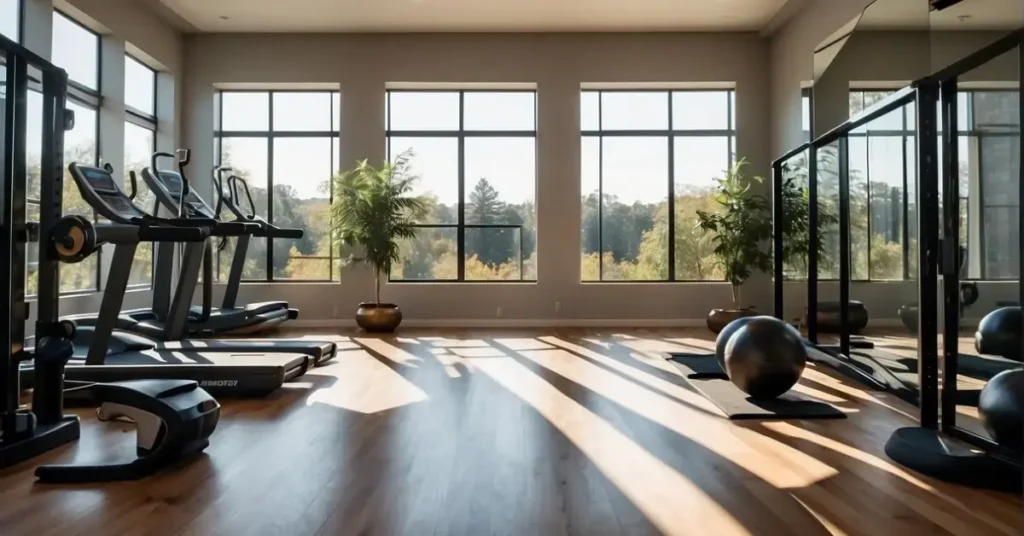 gym with big windows, mirrors and cardio machines