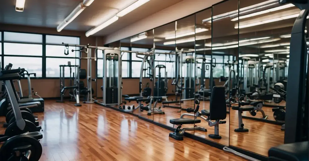 gym with mirrors and machines