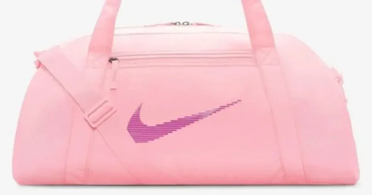 pink gym bag with purple nike logo