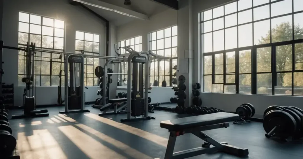A bright, spacious garage with gym equipment neatly organized along the walls. Large windows let in natural light, illuminating the space. A mix of free weights, a bench press, and a treadmill create a functional workout area