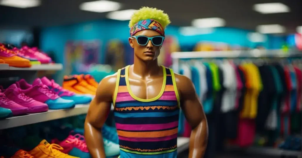 A male mannequin wears neon headband, tank top, short shorts, and high-top sneakers. Bright colors and bold patterns define the 80's workout fashion