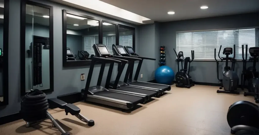 A spacious, well-lit basement with rubber flooring, wall-mounted equipment, and ample storage for weights and exercise gear