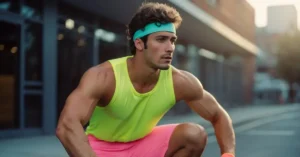 An 80's workout outfit for men, featuring neon colors, headband, sweatbands, short shorts, and high-top sneakers