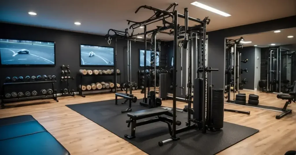 A spacious, well-lit basement with rubber flooring, wall-mounted mirrors, and exercise equipment neatly arranged. A water cooler and towel rack add finishing touches