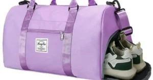 purple gym bag with shoes