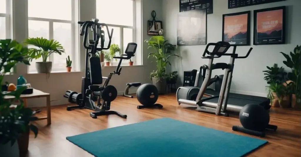 Brightly lit home gym with motivational posters, colorful equipment, and upbeat music playing. Plants and mirrors add to the energetic atmosphere