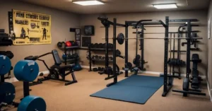 An unfinished basement with gym equipment, bright lighting, and motivational posters on the walls. Storage shelves hold weights and exercise mats
