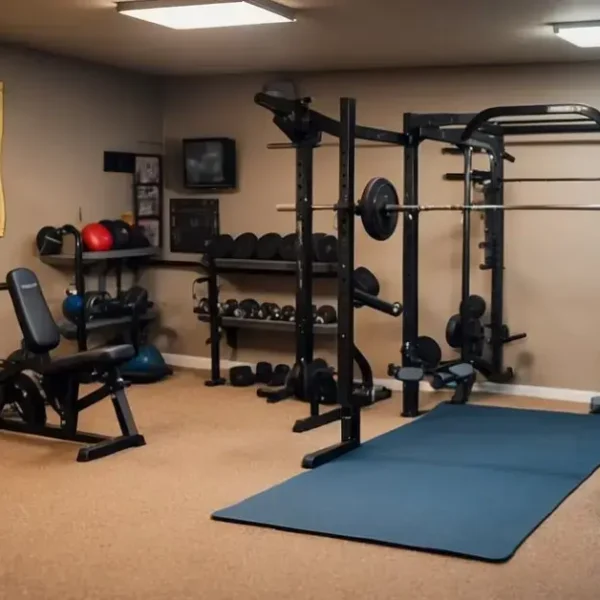 An unfinished basement with gym equipment, bright lighting, and motivational posters on the walls. Storage shelves hold weights and exercise mats