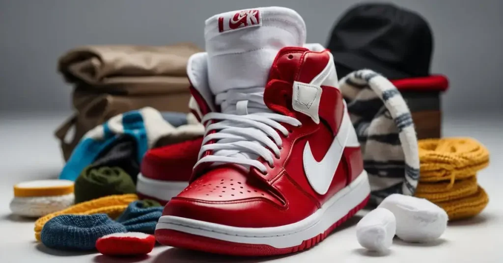 A pair of Gym Red Dunks sits on a clean white background, surrounded by various sporty clothing items such as hoodies, track pants, and athletic socks