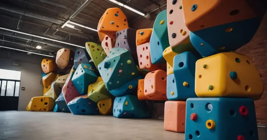 A spacious room with high ceilings and sturdy walls. Colorful climbing holds of various shapes and sizes are scattered across the walls, creating a challenging and visually stimulating environment