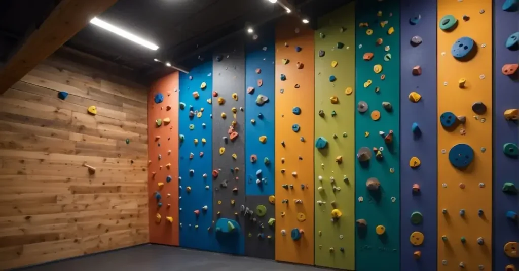 A spacious room with high ceilings, filled with sturdy wooden beams and metal hooks for hanging climbing holds. Mats cover the floor, and a variety of colorful holds are arranged on the wall in different routes