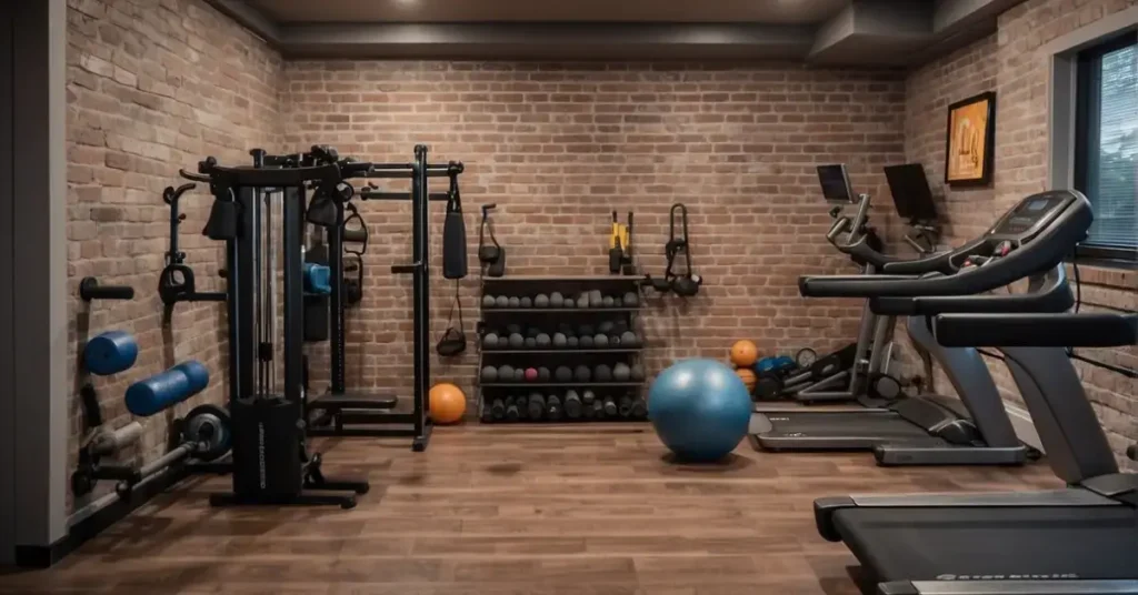 Treadmill and machines in a basement home gym